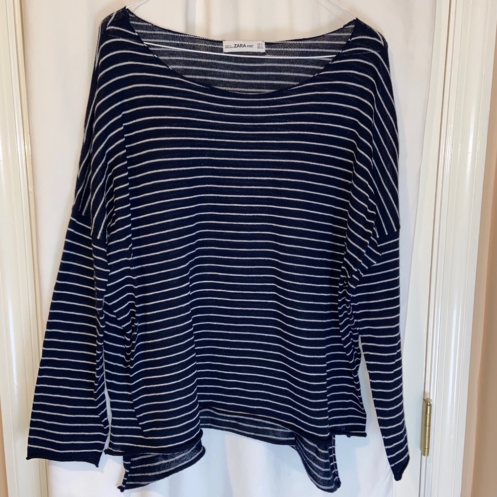 ZARA Knit Navy Blue & White Horizontal Striped Top